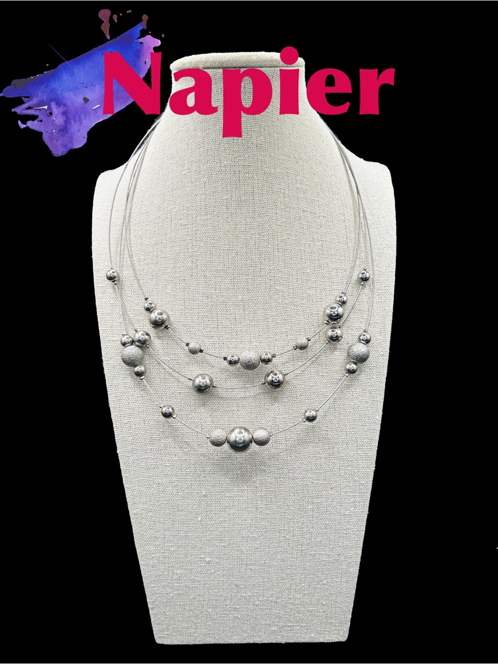Vintage Signed Napier Triple Strand Silver Tone Bead Necklace